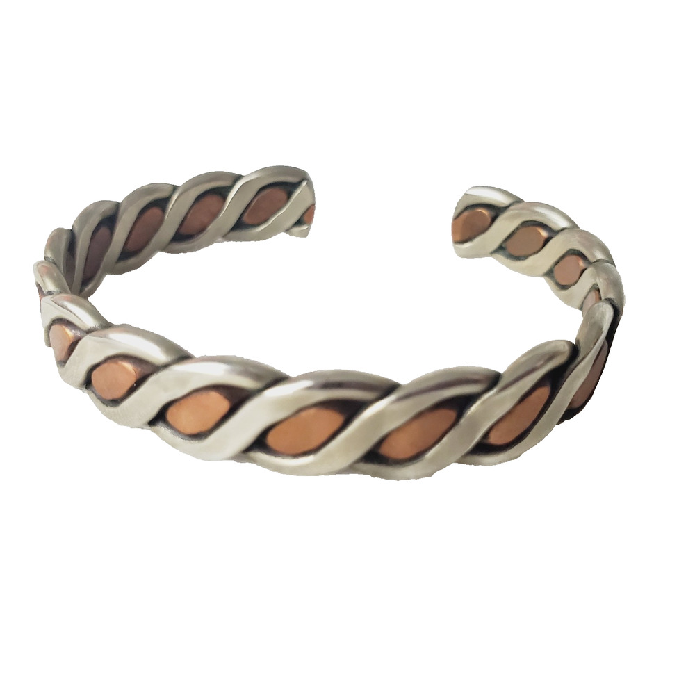 Vintage Silver & Bronze Tone Twisted Cuff Bracelet Mixed Metal Unisex Jewelry